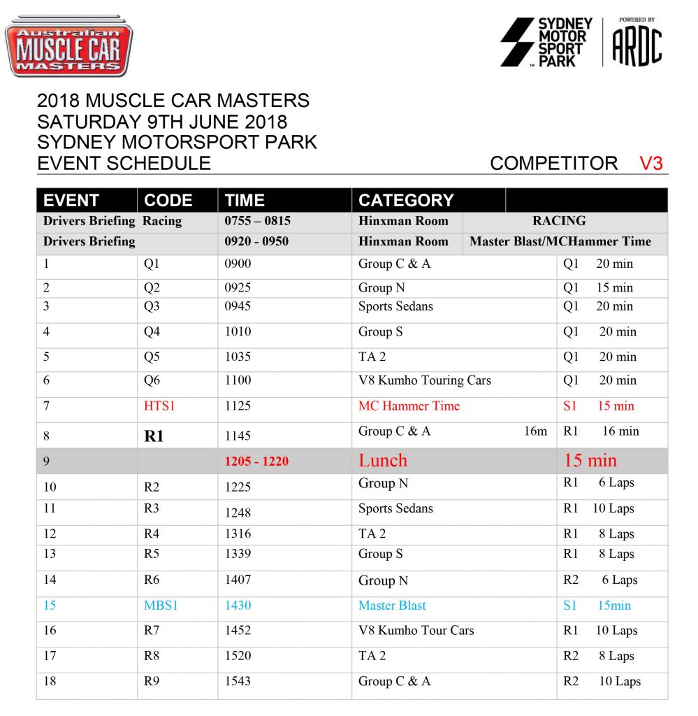 MCM 2018 Competitor Schedule
