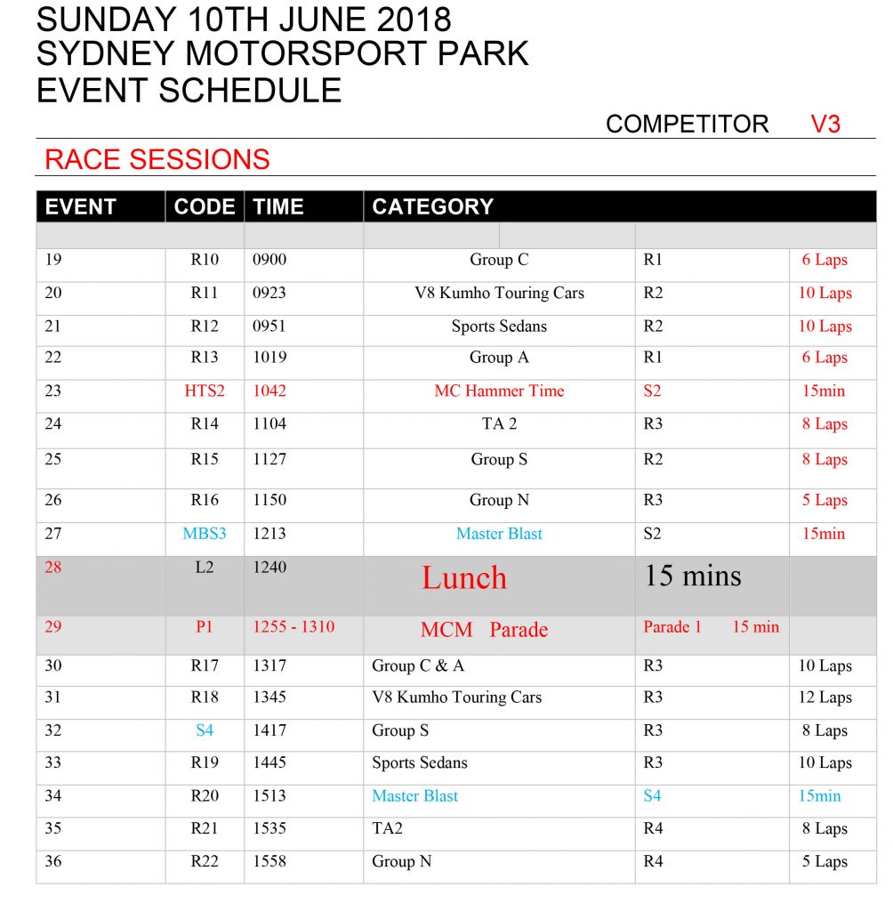 MCM 2018 Competitor Schedule